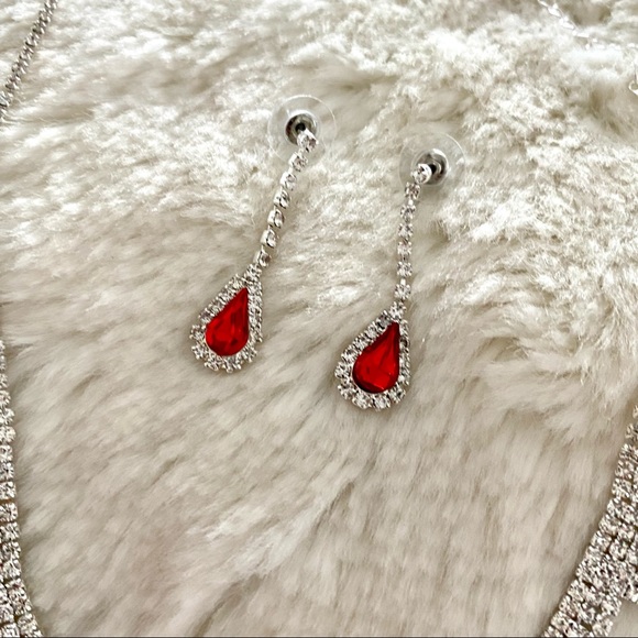 SOLD!! Red Gem Necklace Set Earrings Bundle Silver Style Luxury Rhinestones - Picture 4 of 4